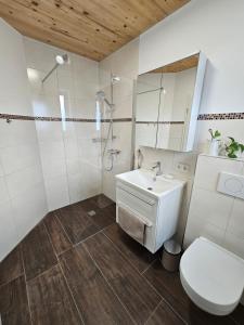uma casa de banho com um lavatório, um WC e um chuveiro em Moderne Ferienwohnung auf Rups Hof em Oberhöcking