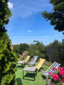 a group of lawn chairs and a table in a yard at Agroturystyka Gardna Wielka in Gardna Wielka