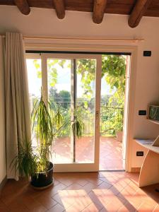 eine offene Tür zu einer Terrasse mit Topfpflanzen in der Unterkunft Island Sunset House in Sulzano