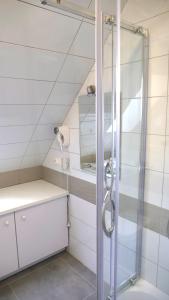een douche met een glazen deur in de badkamer bij Szewczenki 3 in Olsztyn