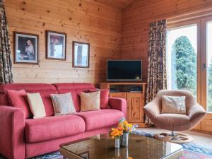 ヴェルビエにあるChalet Biquinou by Interhomeの赤いソファとテレビのあるリビングルーム