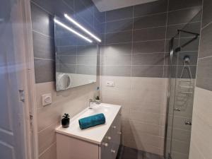 a bathroom with a sink and a mirror at Apartment La Licorne by Interhome in Saint Malo