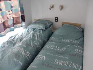 a bedroom with two beds with green comforter at Holiday Home Natuurlijk de Veenhoop by Interhome in De Veenhoop