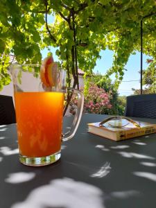 un vaso de zumo de naranja en una mesa con un libro en Traditional mediterranean villa en Gabonjin