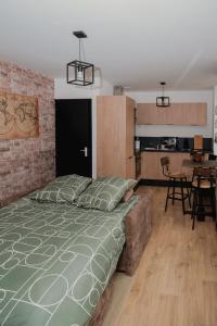 Il comprend une chambre avec un grand lit et une cuisine. dans l'établissement Appartement 2 pièces L'industriel en centre-ville de Cambrai, à Cambrai