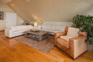 Sala de estar con 2 sofás y mesa en Wellness-Apartment mit Wasserblick, Pool, Sauna & Fitnessbereich, en Rankwitz