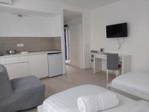 een keuken en een woonkamer met een bed en een bureau bij Casa Maria City Apartments in Timişoara