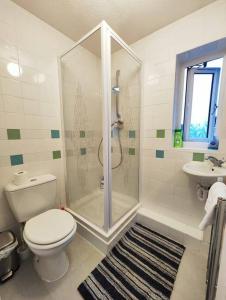 a bathroom with a shower and a toilet and a sink at Harmony in Bicester in Bicester
