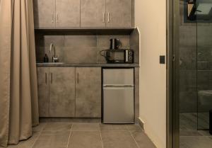 een kleine keuken met een koelkast en een magnetron bij Olive Green Studios and Apartments in Plomarion
