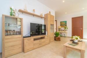 een woonkamer met een groot entertainmentcentrum met een televisie bij Villa Placeta in Sa Pobla