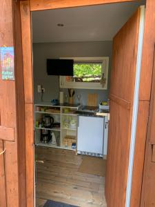 eine Küche mit Arbeitsfläche und Fernseher in einem Zimmer in der Unterkunft Tiny-Ferienwohnung Hellerau 2 in Dresden