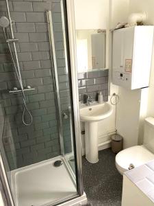 a bathroom with a shower and a toilet and a sink at Tidal Walk Cottage by the Sea in Harwich
