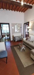 a living room with a couch and a dog on a rug at La Maison de Jardin in Lucca