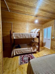 two bunk beds in a wooden cabin with a window at Guesthouse Zgiboza in Shkodër