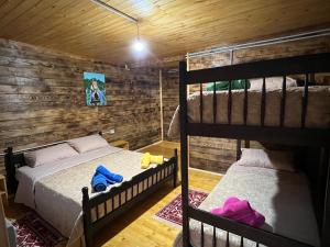 2 Etagenbetten in einem Zimmer mit Holzwänden in der Unterkunft Guesthouse Zgiboza in Shkodra