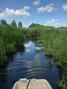 a boat in the middle of a river at Poilsis Dumblio telmologiniame draustinyje in Molėtai