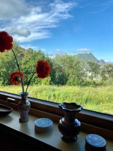 two vases with flowers sitting on a window sill at Northern Light Cabin Lofoten in Sennesvik