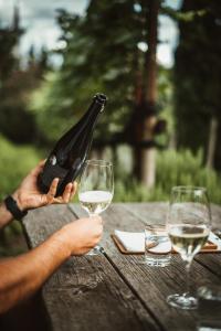 a person holding a bottle of wine on a table with two glasses at Ottmanngut Suite and Breakfast in Merano +25 photos