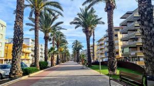 eine Straße mit Palmen vor Eigentumswohnungen in der Unterkunft Apartmán pri mori in El Brosquil