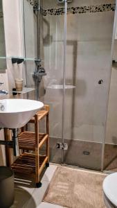 ein Bad mit einer Dusche und einem Waschbecken in der Unterkunft Apartmán pri mori in El Brosquil
