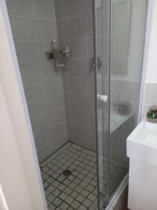 a bathroom with a shower with a glass door at Memories Vaaldam in Denysville
