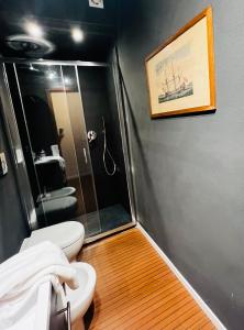 a bathroom with a white toilet and a shower at La Grande Terrazza in Portovenere