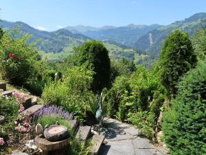 a garden with a view of the mountains at Holiday Home Chalet Bergnest by Interhome in Pragg-Jenaz
