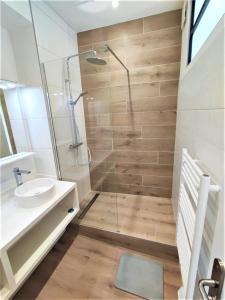 塔布Appartements - Halles Brauhauban Tarbes的带淋浴和水槽的浴室