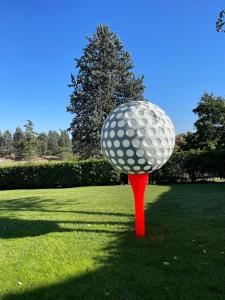 a golf ball on a red pole in the grass at Villa Norma immersa nel Golf Margara in Fubine