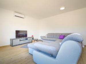 een woonkamer met twee blauwe banken en een tv bij Apartment Milena-2 by Interhome in Pakoštane