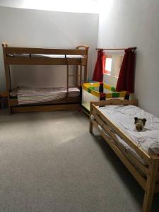 a bedroom with two bunk beds and a dog laying on the bed at Grande maison confortable à Bagnères in Bagnères-de-Bigorre