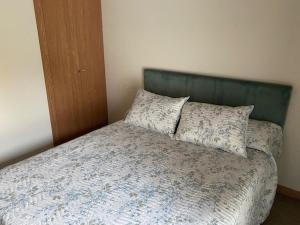 a bedroom with a bed with a green headboard and two pillows at Apartamentos rurales La Teyeruca I in Acebal