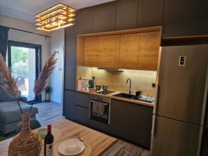 a kitchen with a stainless steel refrigerator and a table at artemis apartment in Agria