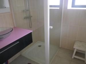 y baño con ducha y lavamanos. en L'Auvaysou en Saint-Cyprien-sur-Dourdou