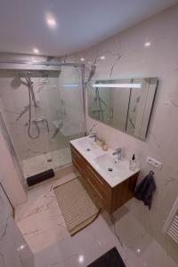 a bathroom with a sink and a shower at Le M. Musée du vin - l'appartement in Paris