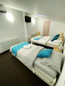 two twin beds in a room with a tv at Central Park House in Cluj-Napoca