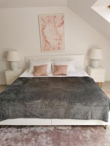 sypialnia z dużym łóżkiem z 2 poduszkami w obiekcie Casa Good Vibes w mieście Târgu Mureş