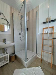 a shower with a glass door next to a sink at Seeblickapartment für bis zu 12, Nürnberg & Schwabach in 30-35 Minuten zu erreichen, Sauna, Arbeitsplatz, Dachterrasse & Grill in Spalt
