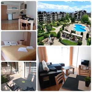 un collage de quatre photos d'un appartement dans l'établissement LOREA Apartment L000 in Aspen Golf Resort, à Razlog