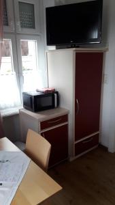 a room with a microwave and a television on a cabinet at Ferienwohnung Ronja in Stubenberg