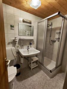 a bathroom with a shower and a sink and a toilet at Gasthaus Mitterjager in Kirchdorf in Tirol