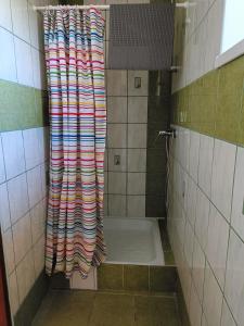 y baño con ducha y cortina de ducha colorida. en Rekreačný dom Railip, en Trávnica