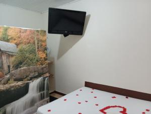Pousada Maravilhas da Serra في مويدا: غرفة نوم مع سرير وتلفزيون على الحائط