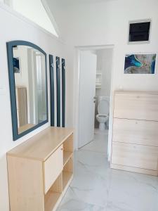 a bathroom with a vanity and a mirror and a sink at Apartmani Rameša in Murter
