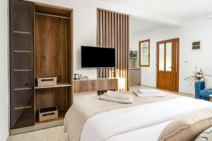 a bedroom with a large bed and a tv at Ema'ar Villas in Ulcinj