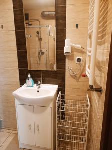 uma casa de banho com um lavatório branco e um chuveiro em Pokoje gościnne Jola em Drawsko Pomorskie