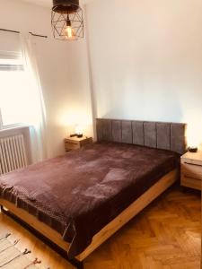 a bedroom with a large bed in a room at Lovely apartment in the heart of the city center in Bucharest