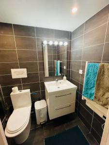 a bathroom with a toilet and a sink and a mirror at Studio indépendant de 25m2 in Vitry-sur-Seine