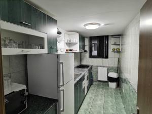 a kitchen with green cabinets and a white refrigerator at Craita in Căpăţîneni-Ungureni +6 photos