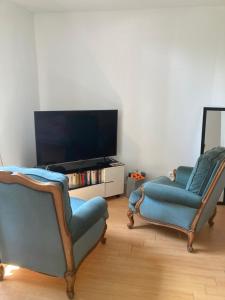 uma sala de estar com 2 cadeiras e uma televisão de ecrã plano em Charmant logement entre ville et campagne. em Montivilliers